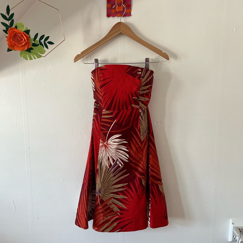 VTG 2000 Gap sz 4 strapless dress red orange white botanical print boning shelf